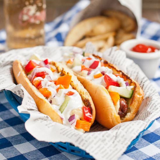 Greek Hummus Hot Dogs