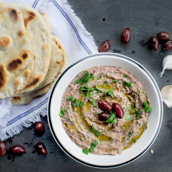 Kalamata Hummus and Quick Flatbread