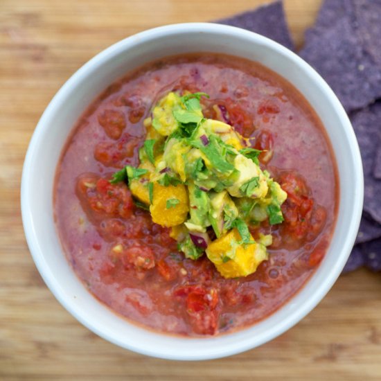 Gazpacho with Mango Avocado Salsa