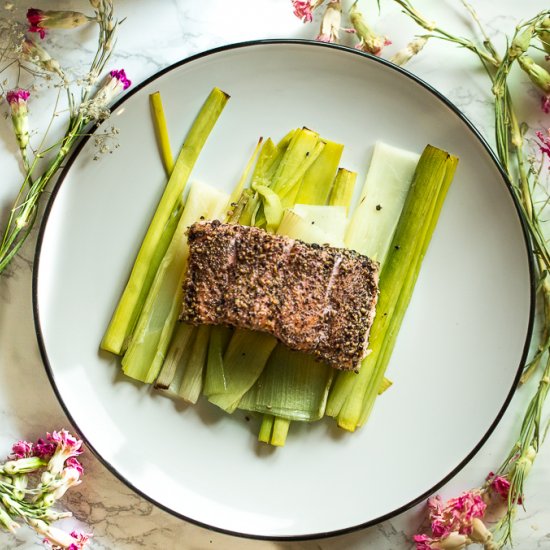 3 Pepper Salmon & Roasted Leeks