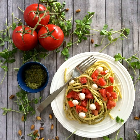 Spring Pea Shoot Pesto Pasta