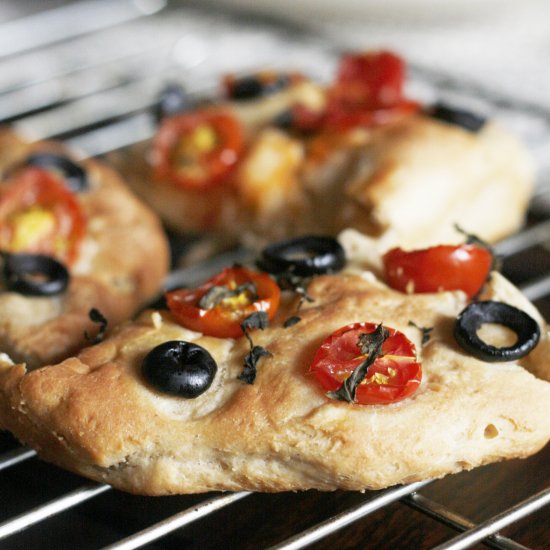 Olive and cherry tomato focaccia