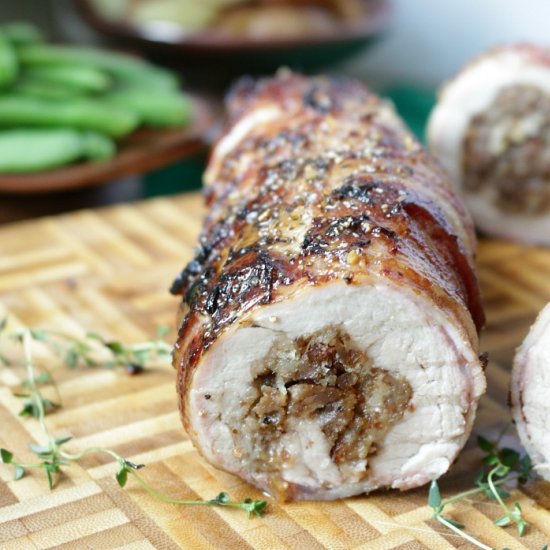 Bacon Wrapped Sausage Stuffed Pork