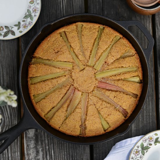 Rhubarb Almond Polenta Skillet Cake