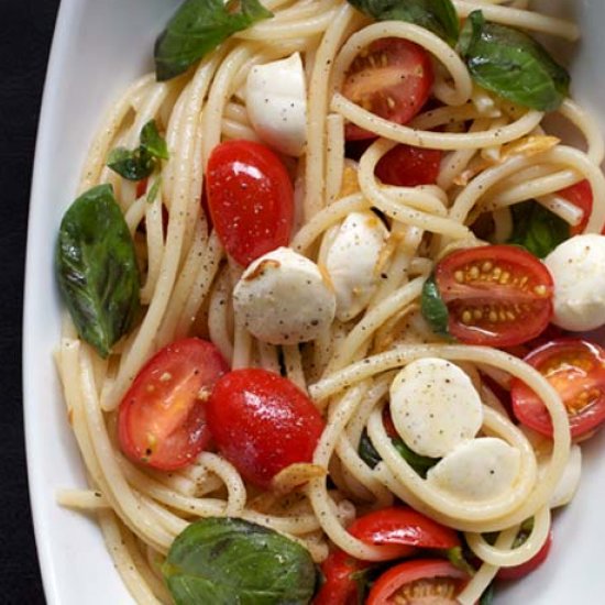 Pasta with Tomatoes, Mozz, & Basil