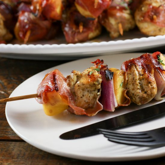 Peach, prosciutto & chicken kabobs