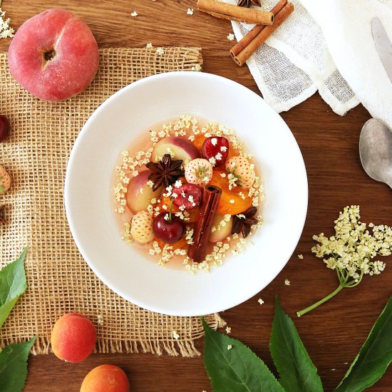 Poached Stone Fruit + Elderflowers