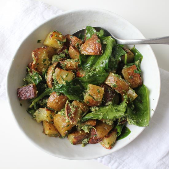 Roasted Potatoes, Pesto and Spinach