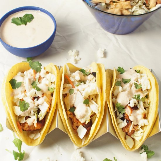 BBQ Salmon Tacos with Lime Crema