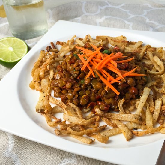 Jicama Fries with Lentil Chili