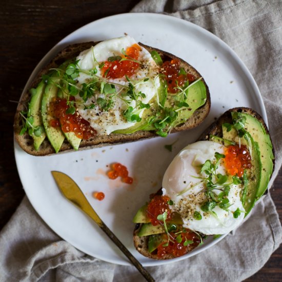 Avocado Toast with Salmon Roe & Egg