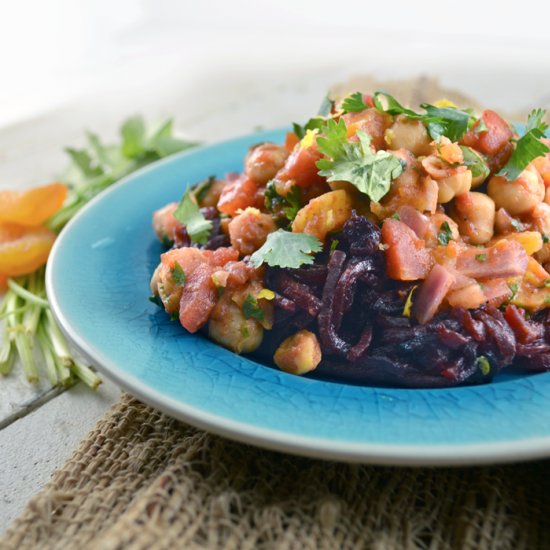 Moroccan Chickpeas over Beet Noodle