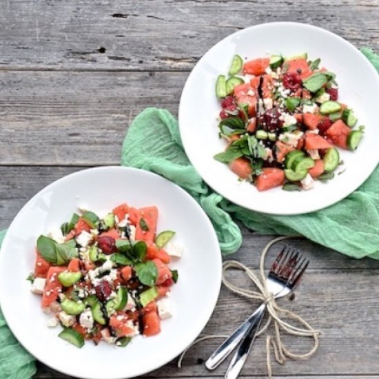 Watermelon, Cucs, Raspberries Salad