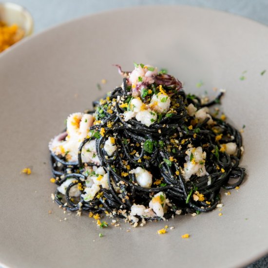 Black ink pasta w/shrimp & bottarga