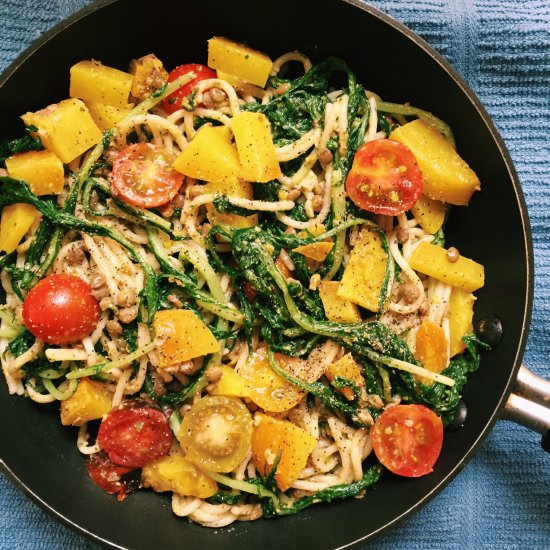 Spaghetti with Veggies & Mint Pesto