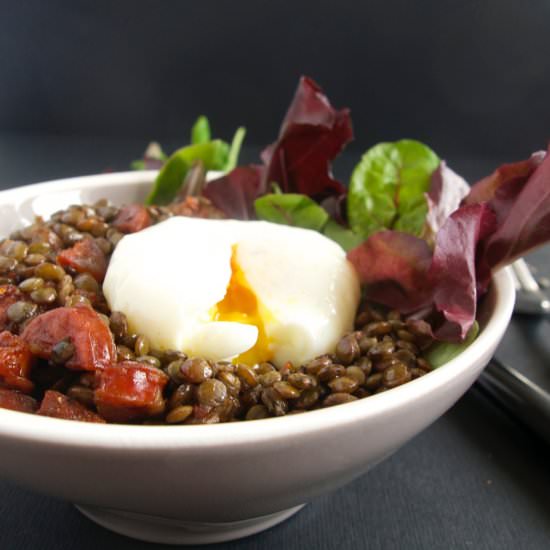 Lentils with Poached Egg, Chorizo