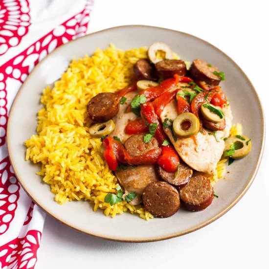 Chorizo Chicken with Yellow Rice