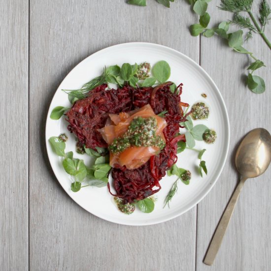 Beetroot Fritters and Smoked Salmon