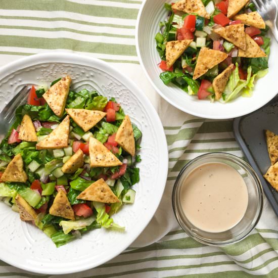 Tofu-pita fattoush with lemon tahin