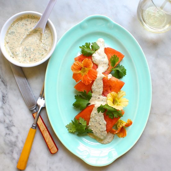 Watermelon with Spicy Tahini Sauce