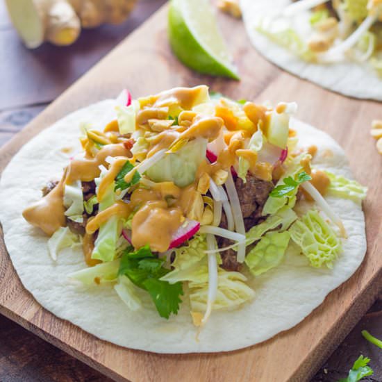 Ginger Beef Tacos with Peanut Sauce