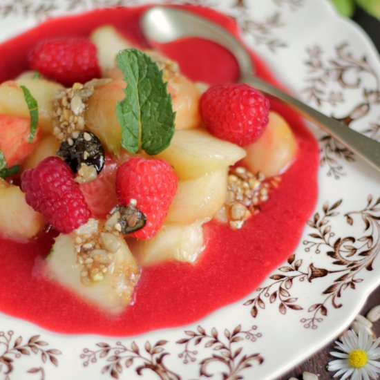 Raspberry Soup with Peach Crisp