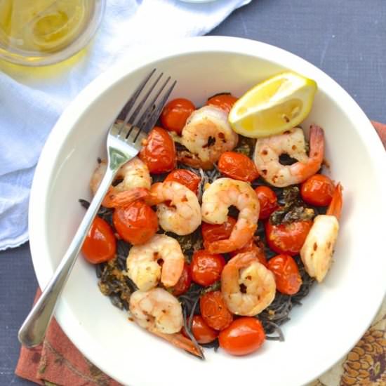 Fiery Shrimp over Black Bean Pasta