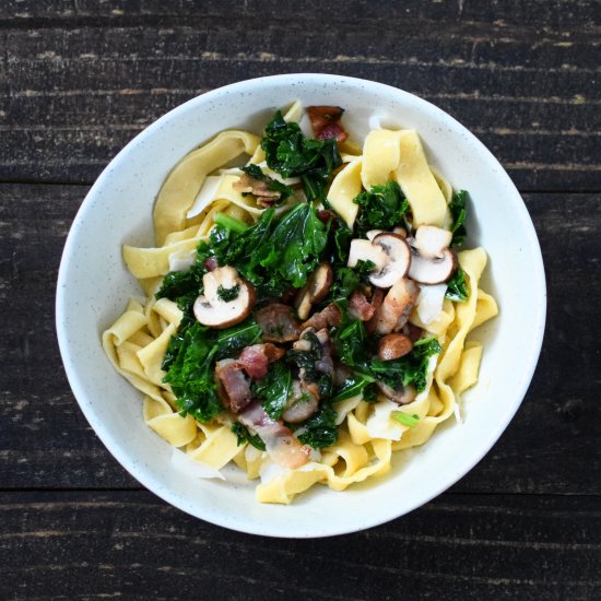 Tagliatelle, Bacon, Kale, Crimini