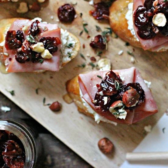 Goat Cheese, Ham & Cherry Crostinis