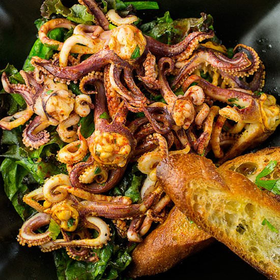 Grilled Squid Salad with Crostini