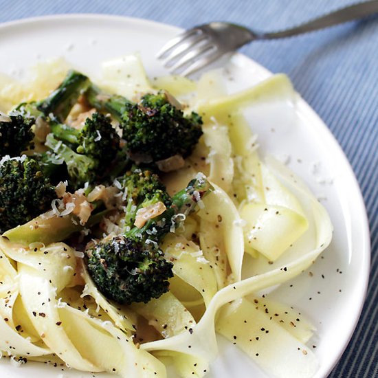 Courgette pasta and creamy broccoli