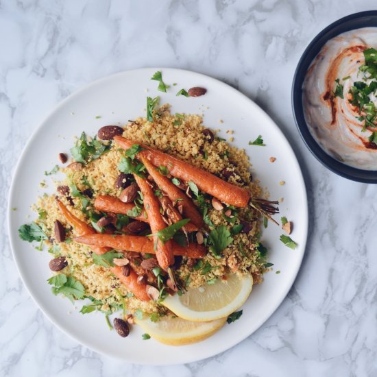 Roast Carrots with Pilaf & Harissa