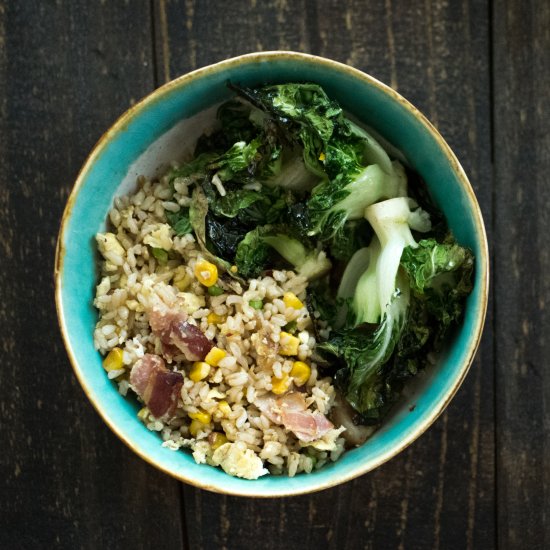 Bacon fried rice, roasted bok choy