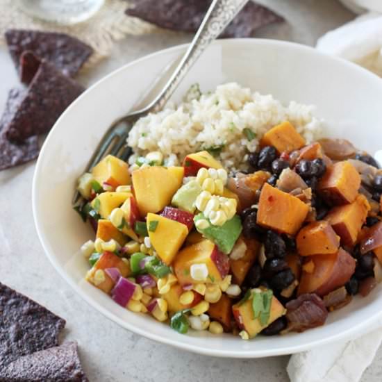 Burrito bowls with peach salsa