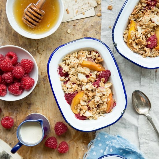 Peach and raspberry muesli crumbles