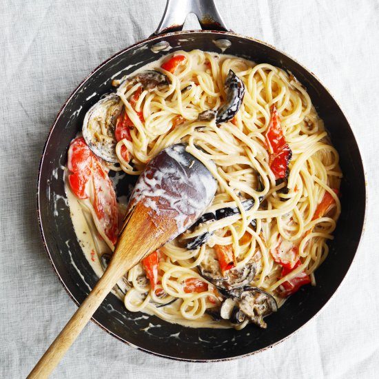 Creamy Spaghetti + Crispy Aubergine