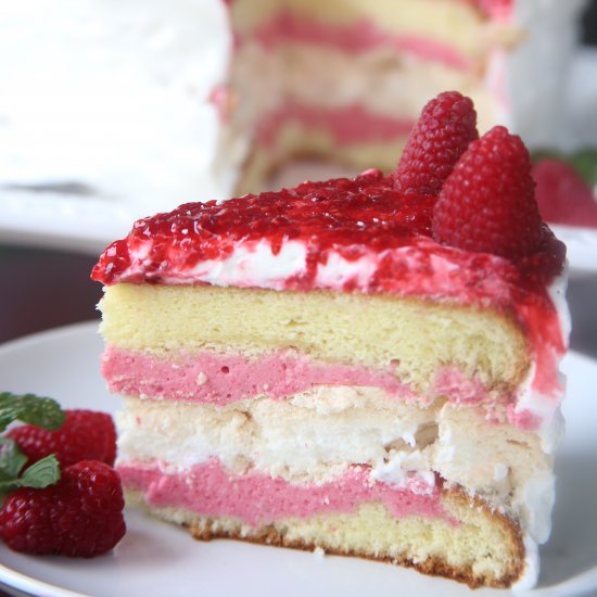 Raspberry Mousse Meringue Cake