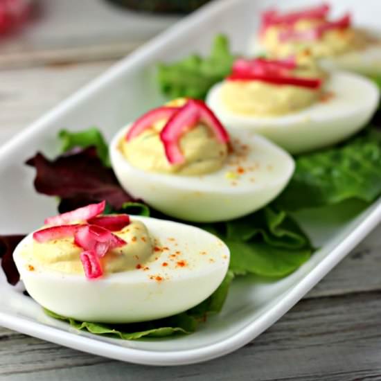 Pickled Red Onion Deviled Eggs