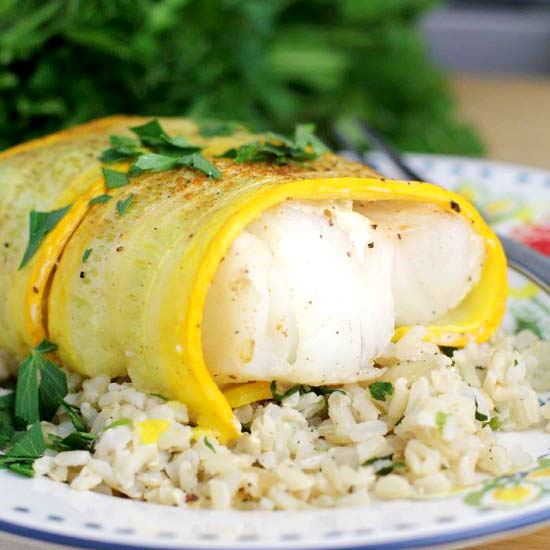 Golden Zucchini Wrapped Cod