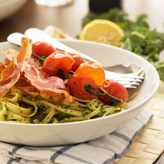 pesto linguine with prosciutto