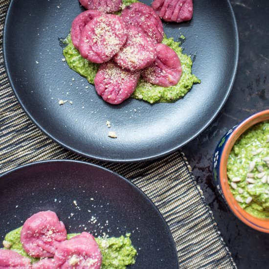 Beetroot Gnocchi with Arugula Pesto