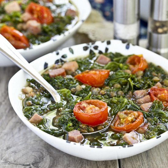 Lentil, Kale, Roasted Tomato Soup