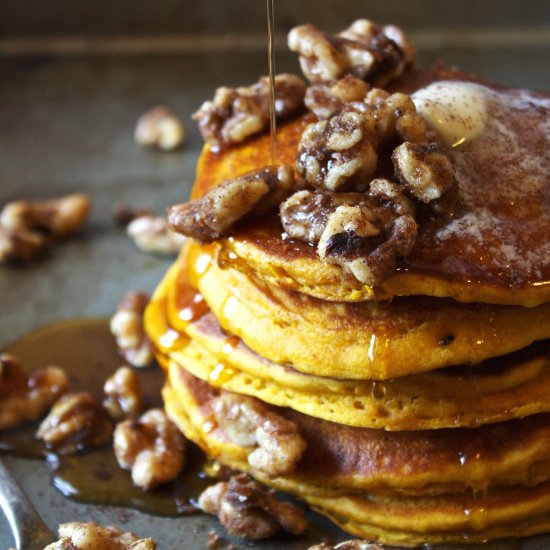 Pumpkin Maple Pancakes with Walnuts