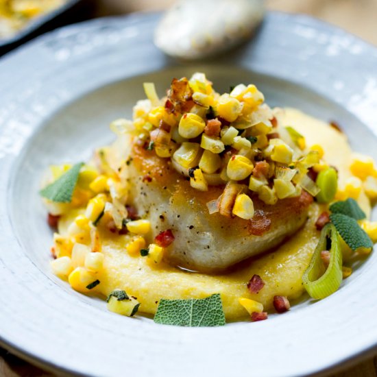 Halibut w/ Corn, Pancetta & Sage