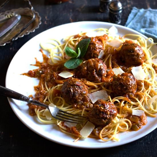 Baked Lamb Meatballs and Spaghetti