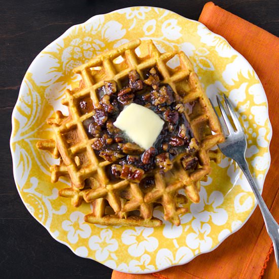 Pumpkin Waffles with Pecan Syrup