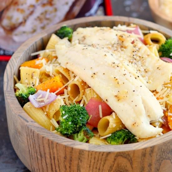 Tilapia with Roasted Veggie Pasta