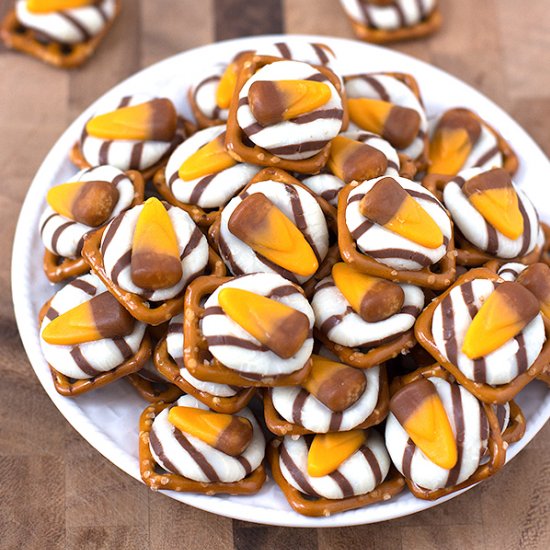 Caramel Candy Corn Pretzel Hugs