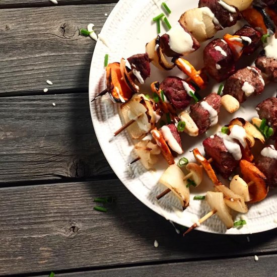 Sirloin, Sweet Potato, and Garlic Kebab