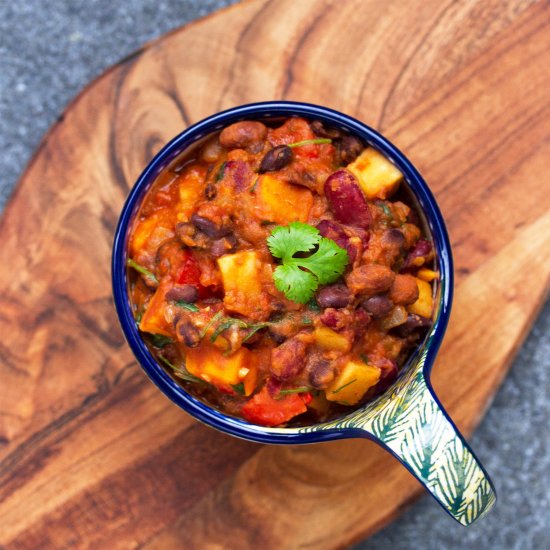 3 bean chili with sweet potato